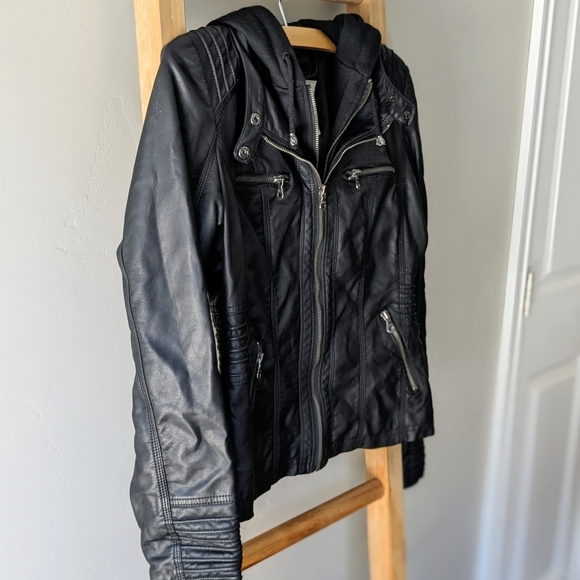 Faux Leather Motorcycle Jacket with Hoodie - Picture 3 of 4